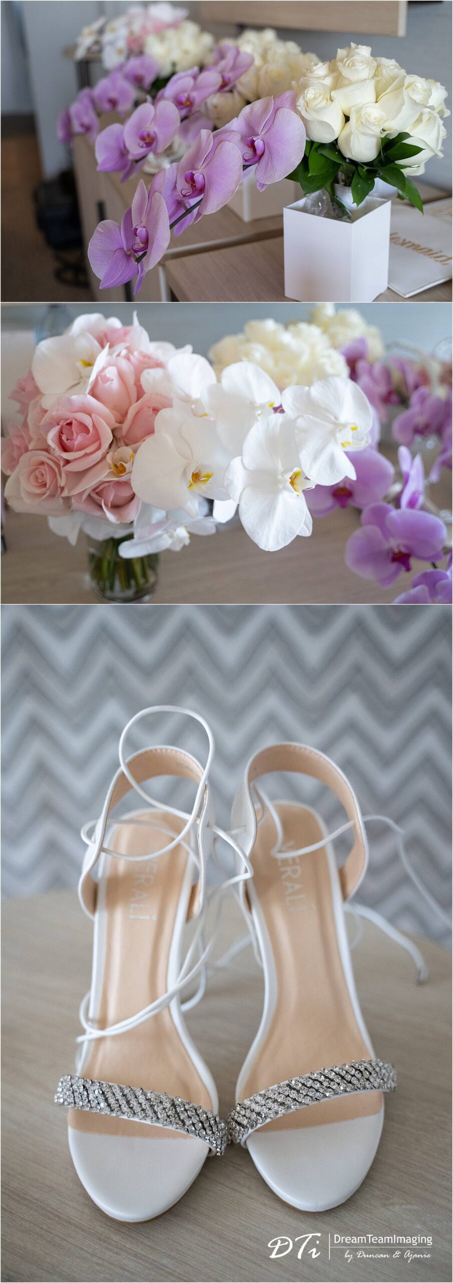 wedding details, flowers and shoes of the bride