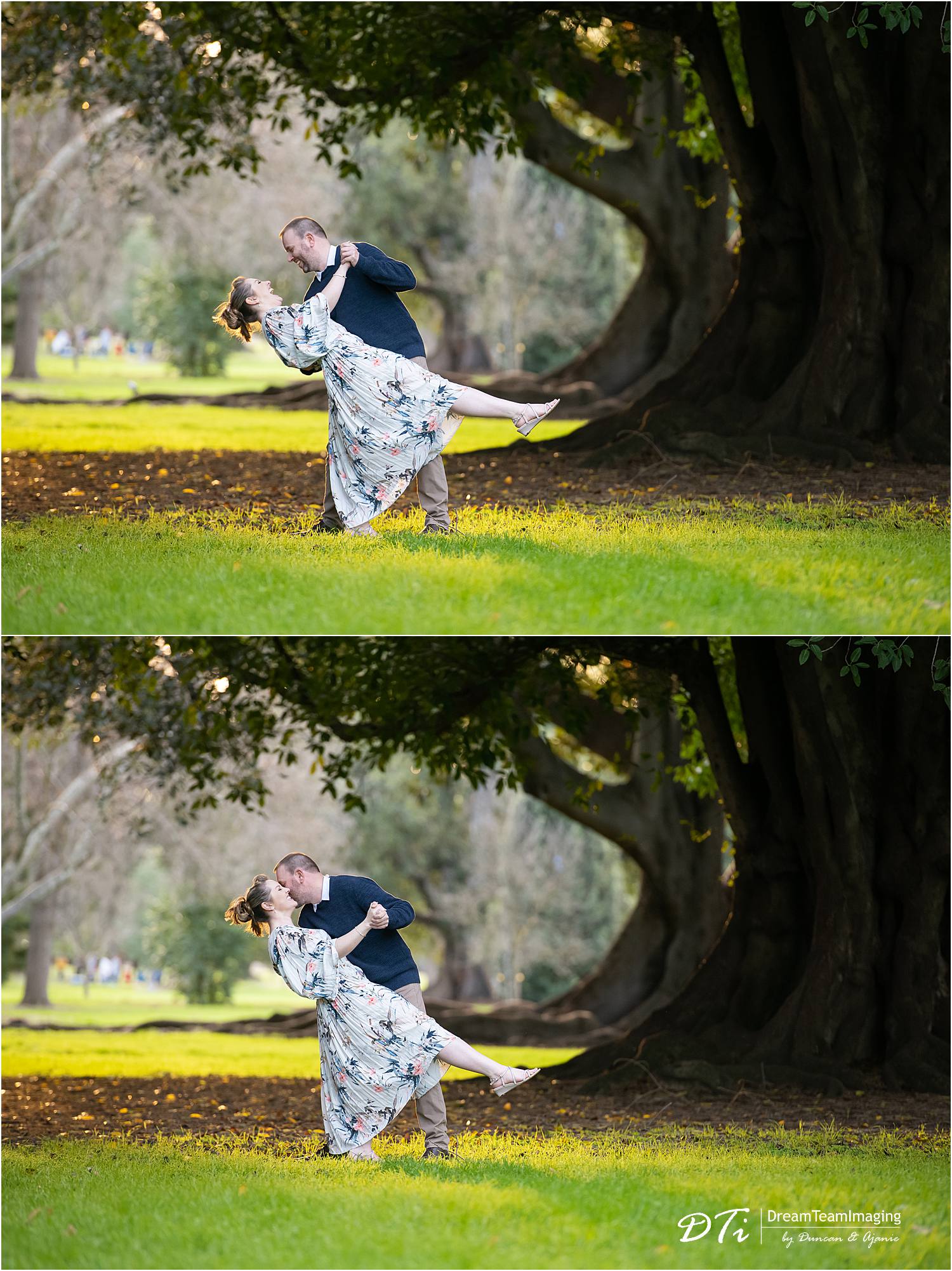 Couple engagement session at Botanic Gardens Adelaide, couple dipping and dancing