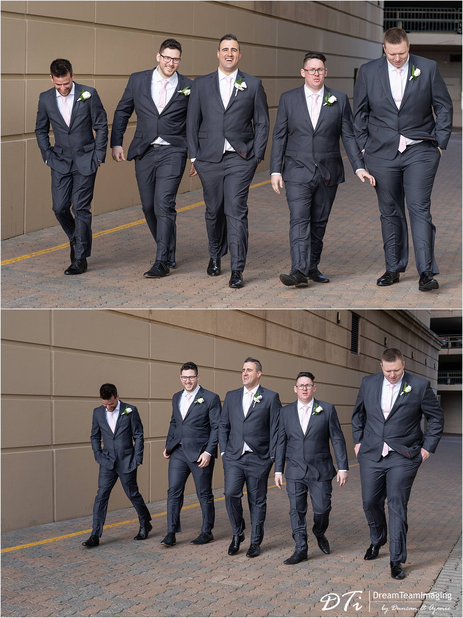 Grooms and groomsmen walking near Stamford Grand Adelaide